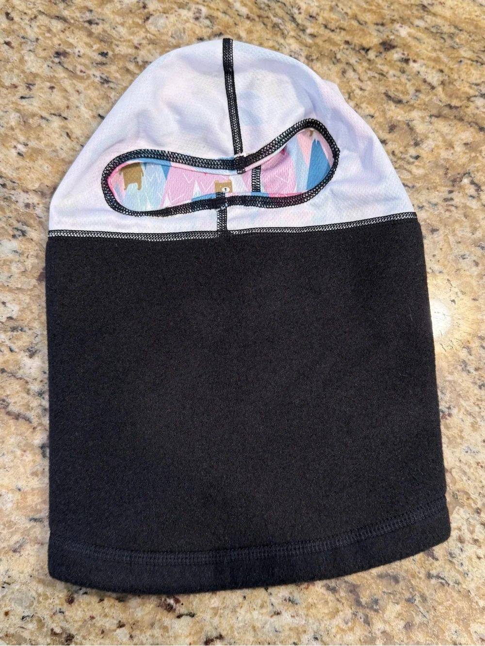 Black Fleece Balaclava Beanie with Pink & Blue Patterned Top - Child